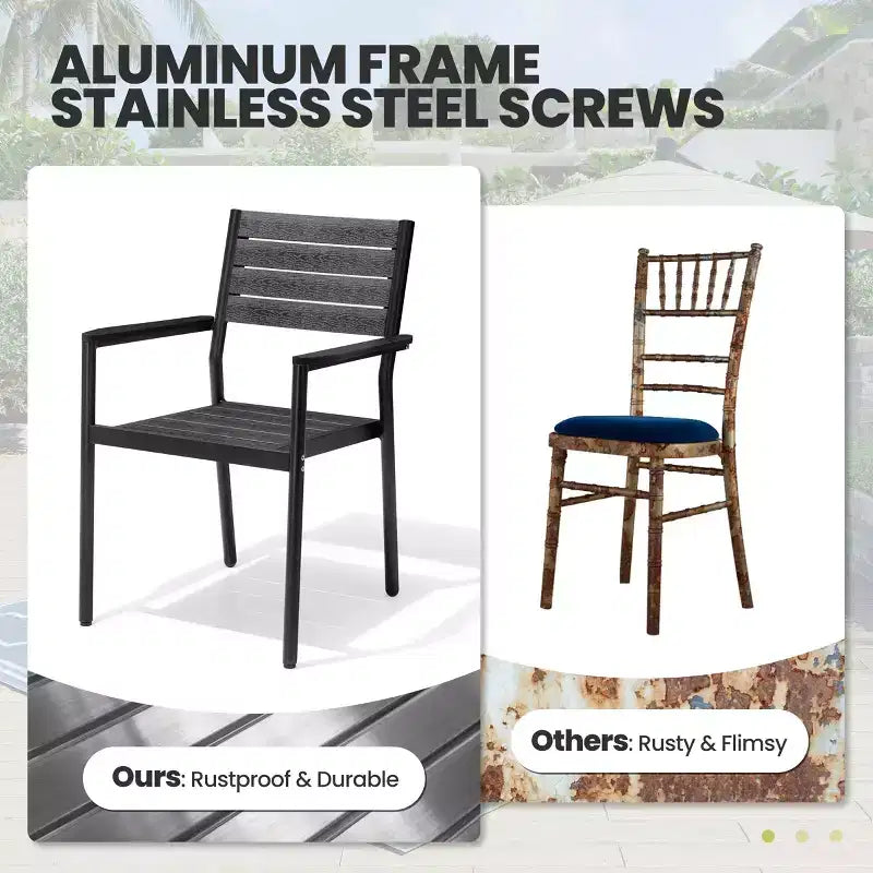 Crestlive Products Set da pranzo da esterno in alluminio 7 pezzi, tavolo da 183 cm e 6 sedie con piano in legno sintetico e foro per ombrellone, per bordo piscina o giardino