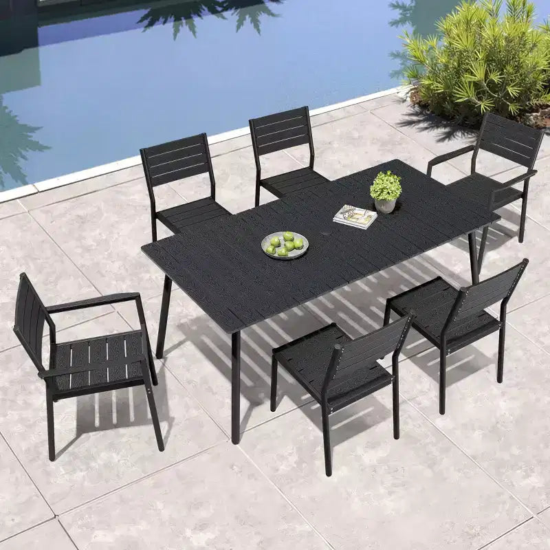 Crestlive Products 7pc Aluminum Patio Dinning Set 72in Table and 6 Chairs Plastic Wood Top with Umbrella Hole for Outdoor Pool Lawn