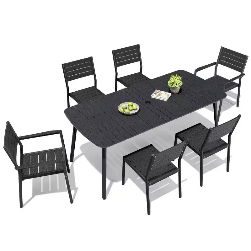Crestlive Products Set da pranzo da esterno in alluminio da 7 pezzi, tavolo da 180 cm e 6 sedie con piano in legno sintetico e foro per ombrellone per piscina, prato