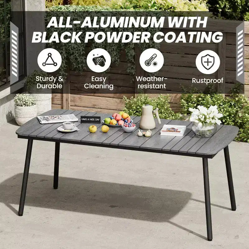 Crestlive Products Set da pranzo da esterno in alluminio da 7 pezzi, tavolo da 180 cm e 6 sedie con piano in legno sintetico e foro per ombrellone per piscina, prato