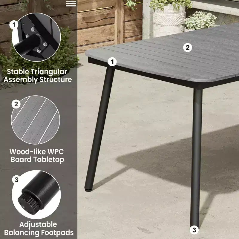 Crestlive Products Set da pranzo da esterno in alluminio da 7 pezzi, tavolo da 180 cm e 6 sedie con piano in legno sintetico e foro per ombrellone per piscina, prato
