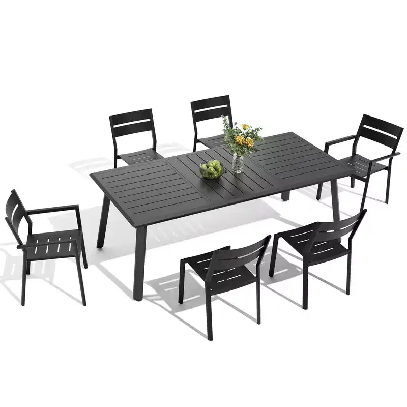 Crestlive Products Set da pranzo da 7 pezzi in alluminio per patio, tavolo da 210 cm e 6 sedie, piano del tavolo in alluminio nero per esterni, piscina, prato