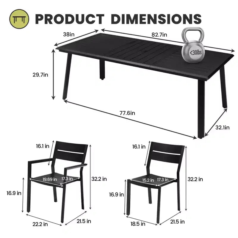 Crestlive Products Set da pranzo da 7 pezzi in alluminio per patio, tavolo da 210 cm e 6 sedie, piano del tavolo in alluminio nero per esterni, piscina, prato