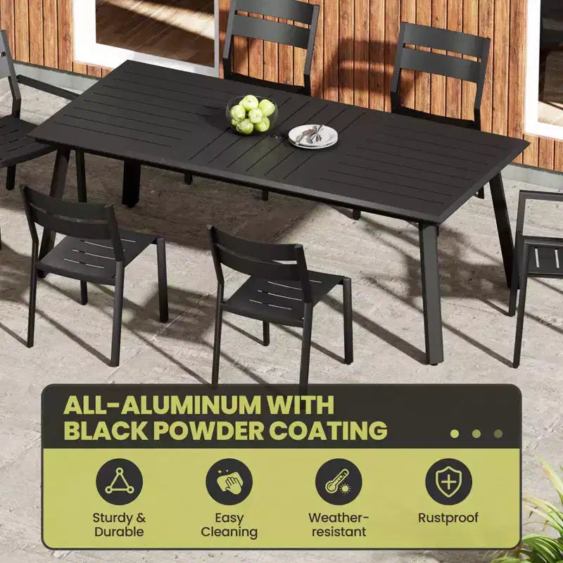Crestlive Products Set da pranzo da 7 pezzi in alluminio per patio, tavolo da 210 cm e 6 sedie, piano del tavolo in alluminio nero per esterni, piscina, prato