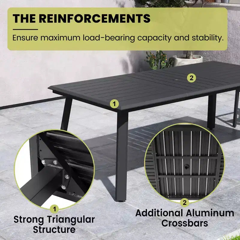 Crestlive Products Set da pranzo da 7 pezzi in alluminio per patio, tavolo da 210 cm e 6 sedie, piano del tavolo in alluminio nero per esterni, piscina, prato