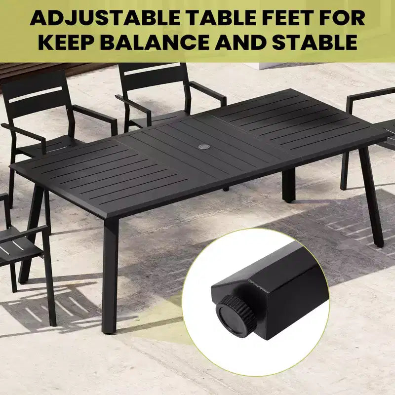 Crestlive Products Set da pranzo da 7 pezzi in alluminio per patio, tavolo da 210 cm e 6 sedie, piano del tavolo in alluminio nero per esterni, piscina, prato