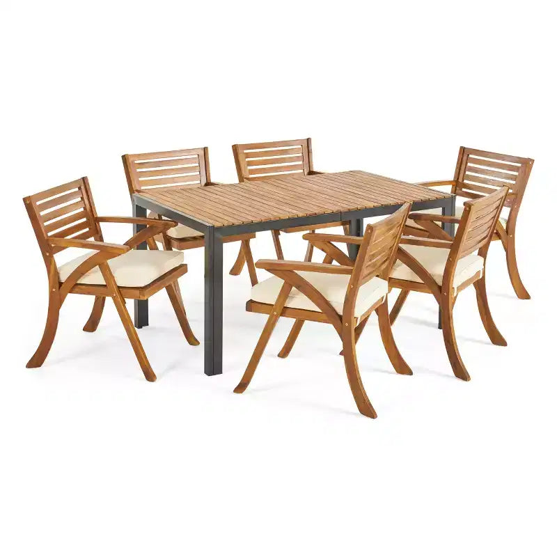 Christopher Knight Home Bellmill, Set da pranzo da esterno 7 pezzi in ferro e legno di acacia con cuscino, teak/nero