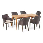 Christopher Knight Home Axel Set da pranzo da 7 pezzi da esterno in vimini e legno di acacia con cuscino, teak/marrone mélange