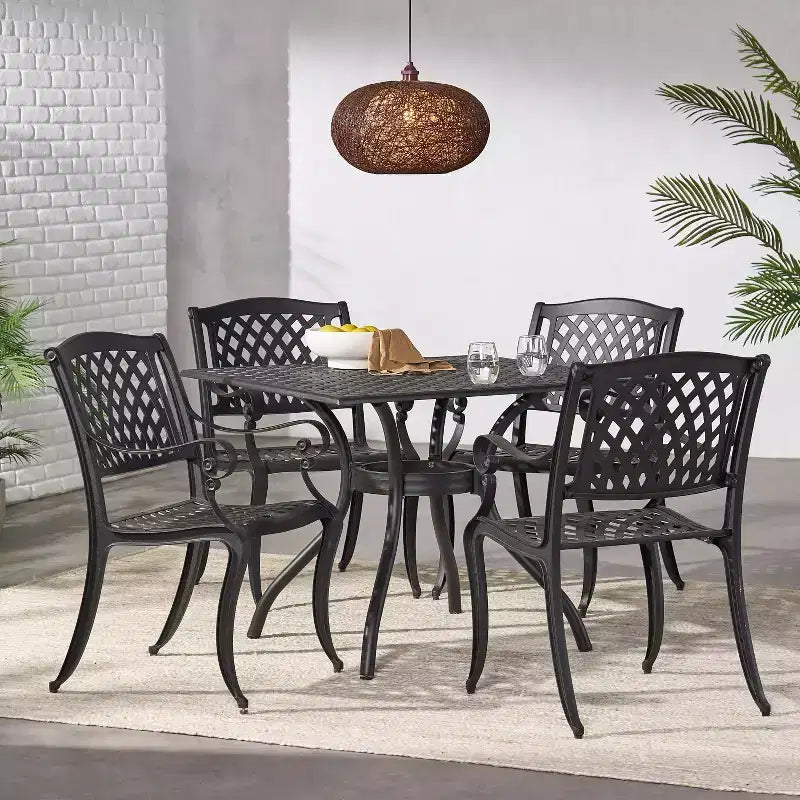 Christopher Knight Home Hallandale, Set da pranzo da esterno in 5 pezzi in alluminio pressofuso, nero opaco anticato