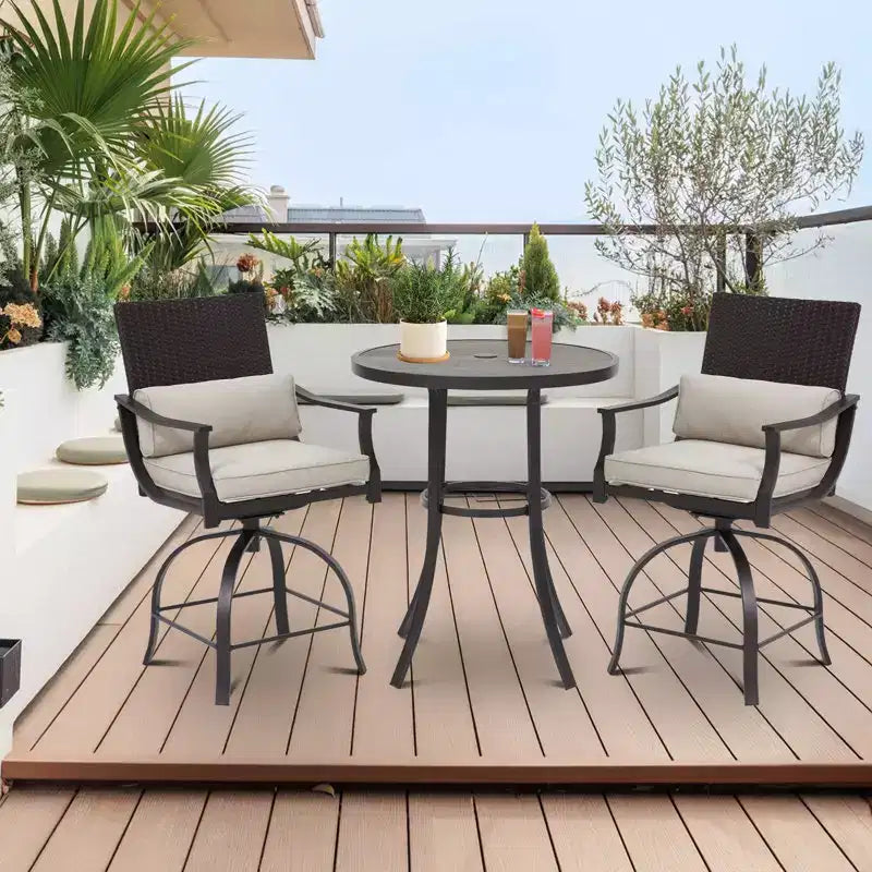 EROMMY 3 Piece Outdoor Patio Set, High Top Patio Bar Set With Round Table (1.96'' Umbrella Hole) And 2 Swivel Dining Chairs With Lumbar Pillow