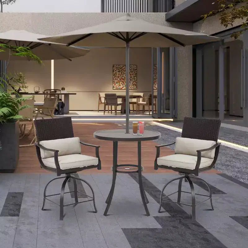 Set da Patio EROMMY da 3 pezzi, Set da Bar da Esterno Alto con Tavolo Rotondo (foro per ombrellone da 1,96'') e 2 Sedie da Pranzo Girevoli con Cuscino Lombare