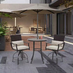 Set da Patio EROMMY da 3 pezzi, Set da Bar da Esterno Alto con Tavolo Rotondo (foro per ombrellone da 1,96'') e 2 Sedie da Pranzo Girevoli con Cuscino Lombare