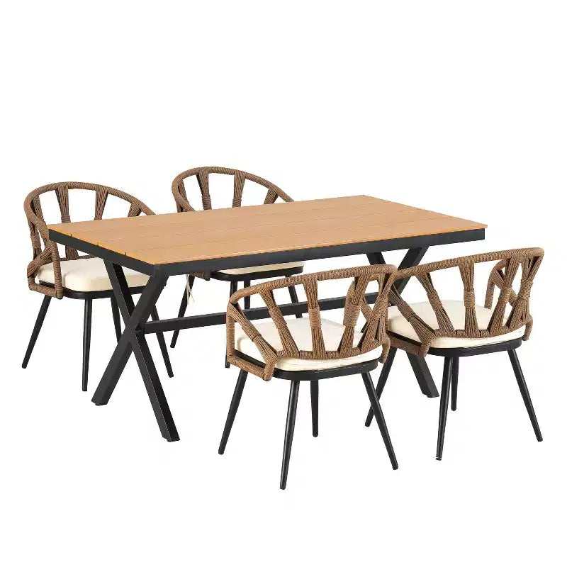 Set da esterno contemporaneo Whisen con sedie in rattan PE e tavolo in legno plastico, adatto per giardini e prati
