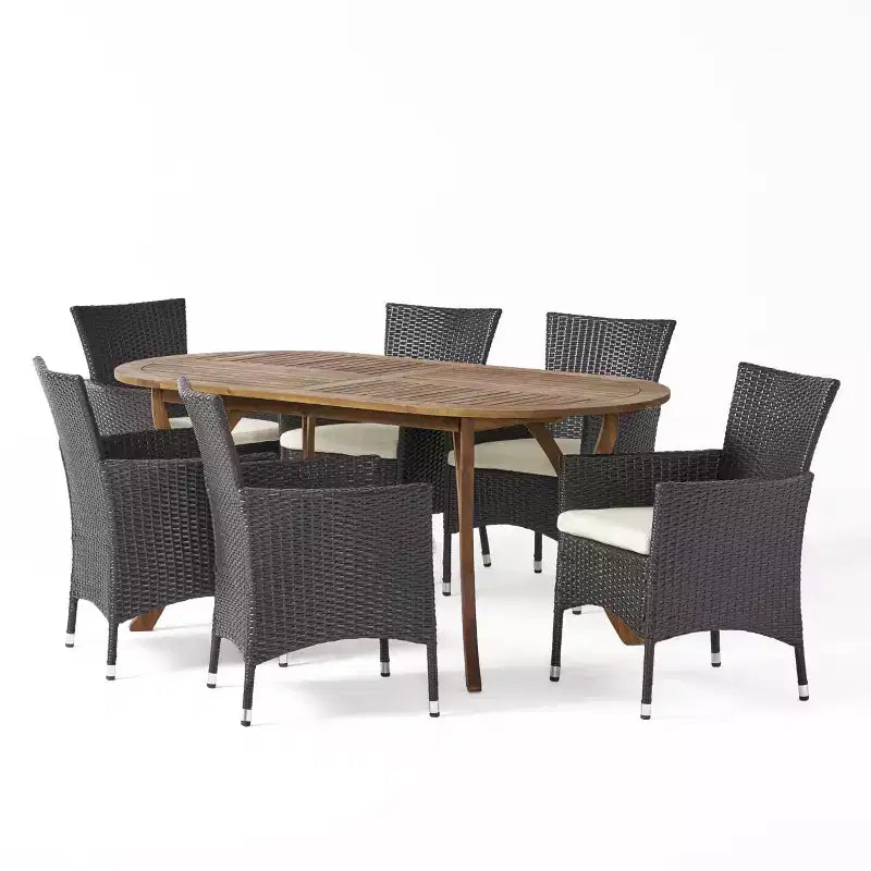 Ensemble de salle à manger 7 pièces Christopher Knight Home en bois d'acacia et osier avec coussins
