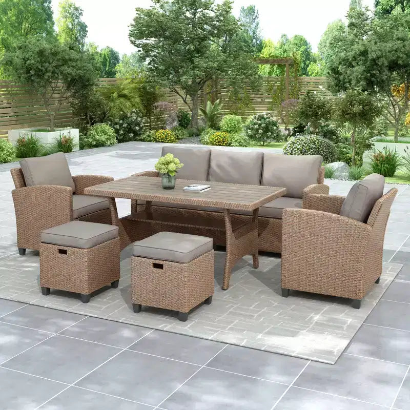GDFStudio Gary Outdoor 6-Piece PE Rattan and Steel Upholstered Dining Sets