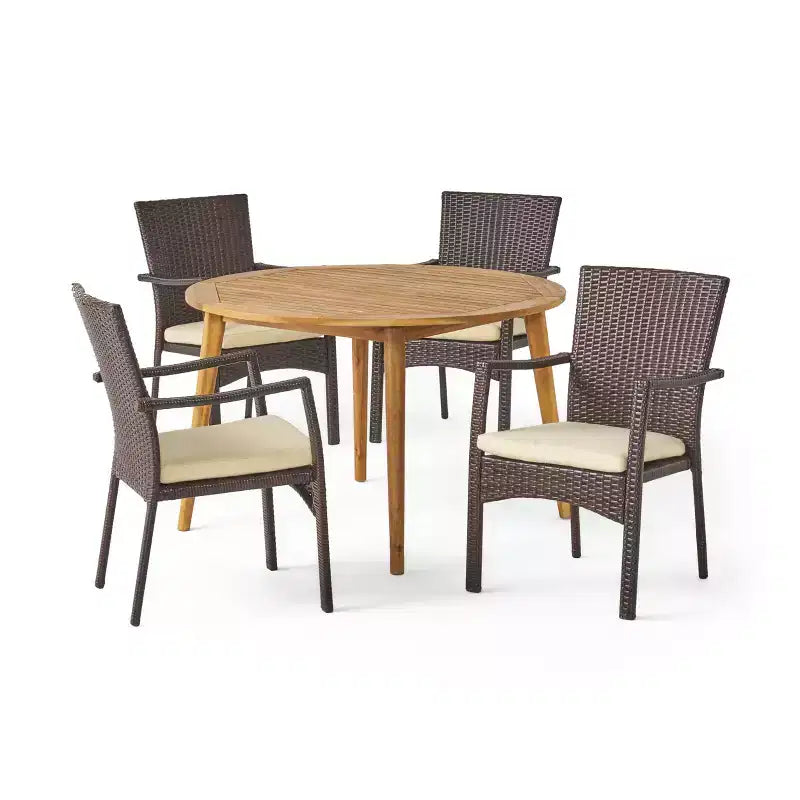 Christopher Knight Home Haley Set da pranzo da 5 pezzi per esterni in legno di acacia e vimini con cuscino