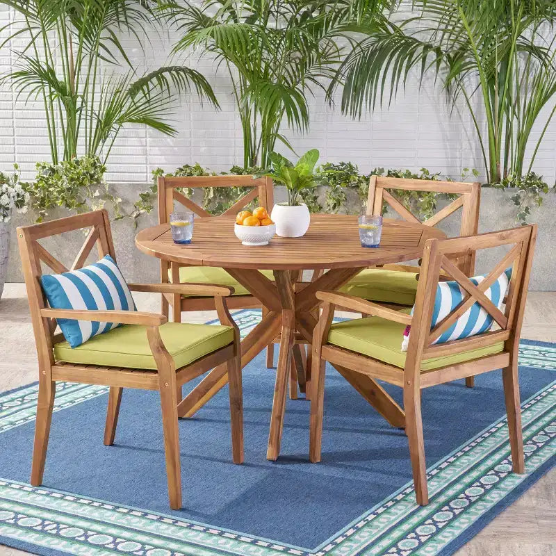 Christopher Knight Home Llano set da pranzo da esterno a 5 pezzi in legno di acacia con cuscini resistenti all'acqua