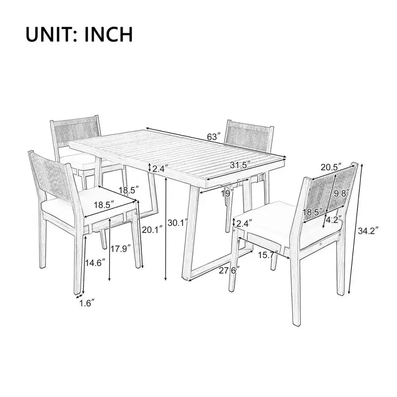 Set da pranzo con tavolo e sedie Whisen in legno di acacia per esterni, multi-persona, con cuscini spessi, adatto per balcone, cortile e giardino