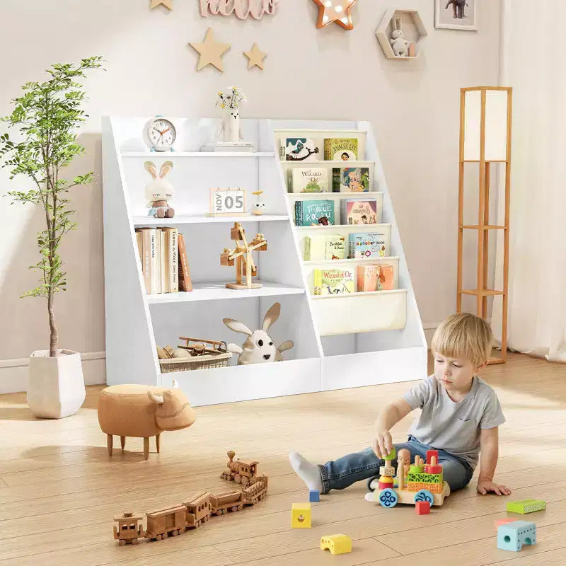 Libreria per bambini a 4 ripiani e portagiochi, libreria per bambini in tessuto a 5 strati, organizer per giocattoli per bambini, libreria a imbracatura per bambini