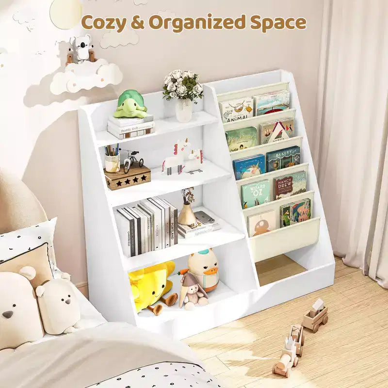 Libreria per bambini a 4 ripiani e portagiochi, libreria per bambini in tessuto a 5 strati, organizer per giocattoli per bambini, libreria a imbracatura per bambini