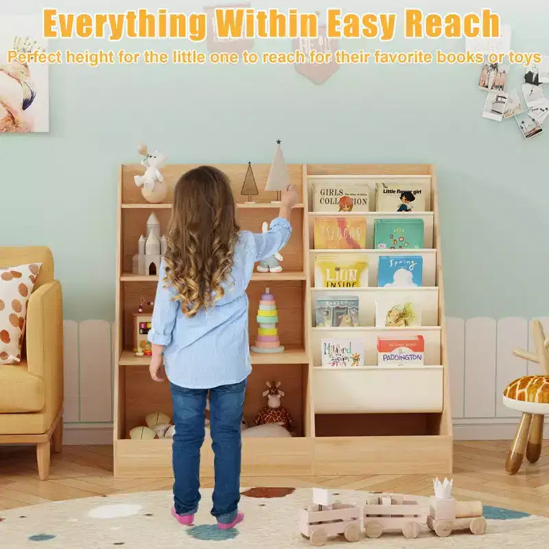Libreria per bambini a 4 ripiani e portagiochi, libreria per bambini in tessuto a 5 strati, organizer per giocattoli per bambini, libreria a imbracatura per bambini