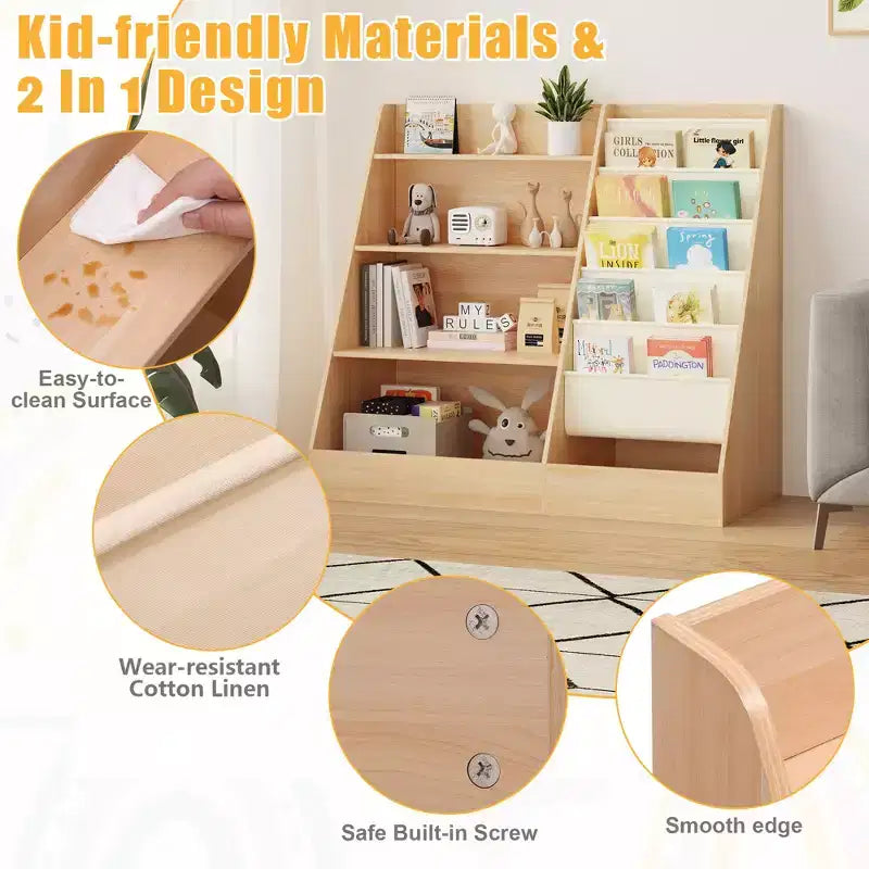 Libreria per bambini a 4 ripiani e portagiochi, libreria per bambini in tessuto a 5 strati, organizer per giocattoli per bambini, libreria a imbracatura per bambini