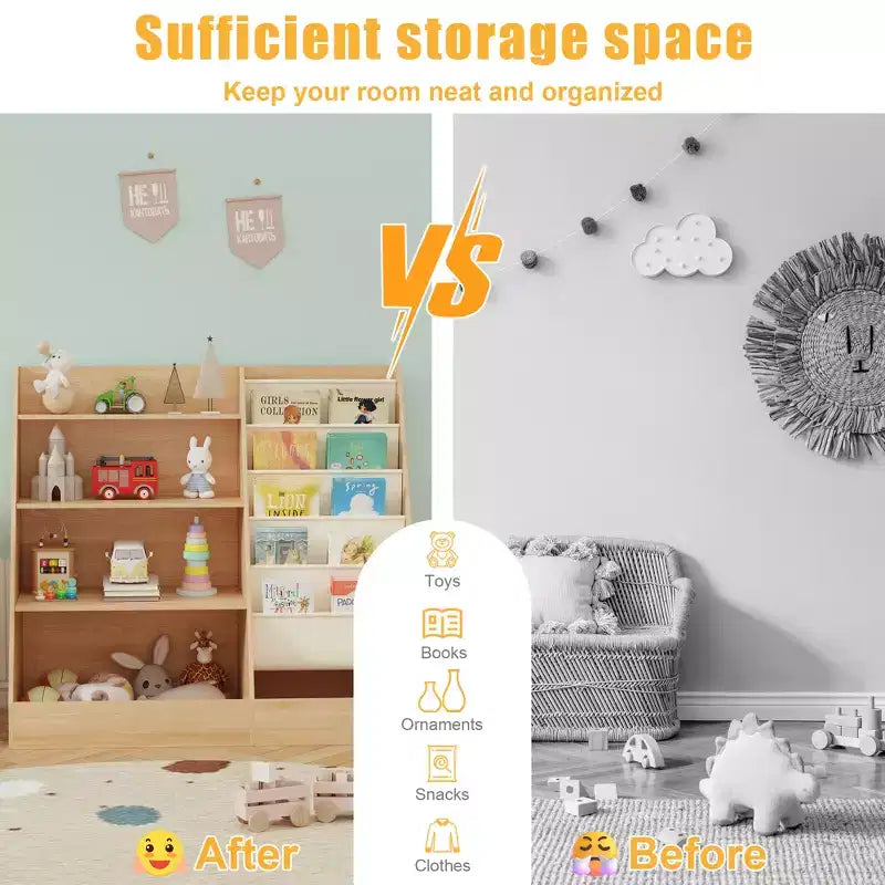 Libreria per bambini a 4 ripiani e portagiochi, libreria per bambini in tessuto a 5 strati, organizer per giocattoli per bambini, libreria a imbracatura per bambini