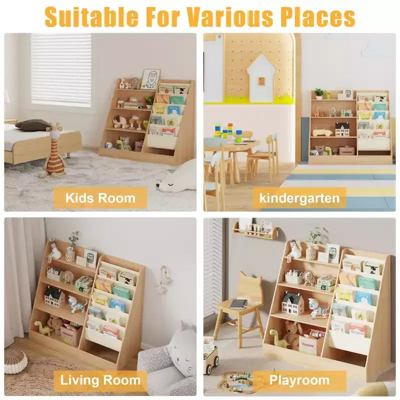 Libreria per bambini a 4 ripiani e portagiochi, libreria per bambini in tessuto a 5 strati, organizer per giocattoli per bambini, libreria a imbracatura per bambini
