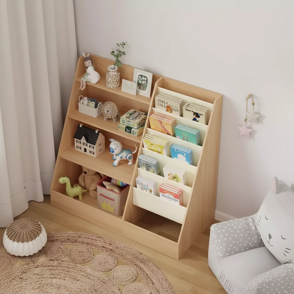 Libreria per bambini a 4 ripiani e portagiochi, libreria per bambini in tessuto a 5 strati, organizer per giocattoli per bambini, libreria a imbracatura per bambini