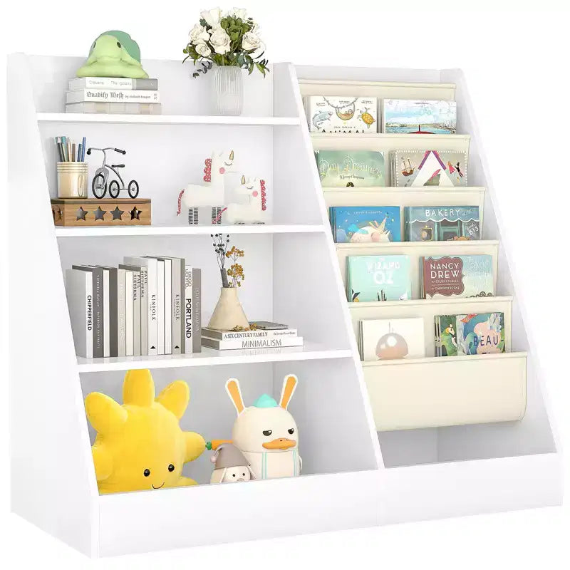 Libreria per bambini a 4 ripiani e portagiochi, libreria per bambini in tessuto a 5 strati, organizer per giocattoli per bambini, libreria a imbracatura per bambini