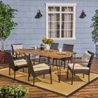 GDFStudio Santa Outdoor Wicker and Acacia Wood 7 Piece Dining Set with Cushion, Teak/Multibrown