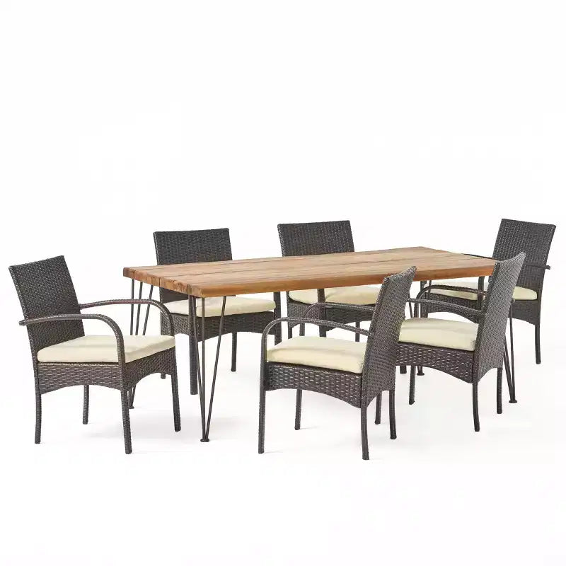 GDFStudio Santa Set da pranzo da esterno 7 pezzi in vimini e legno di acacia con cuscini, Teak/Multimarro