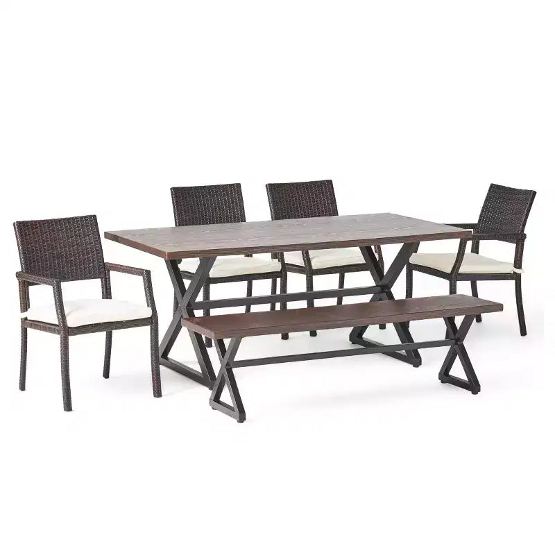 Christopher Knight Home Aisha Ensemble de salle à manger d'extérieur 6 pièces en osier et aluminium avec banc, marron/multicolore