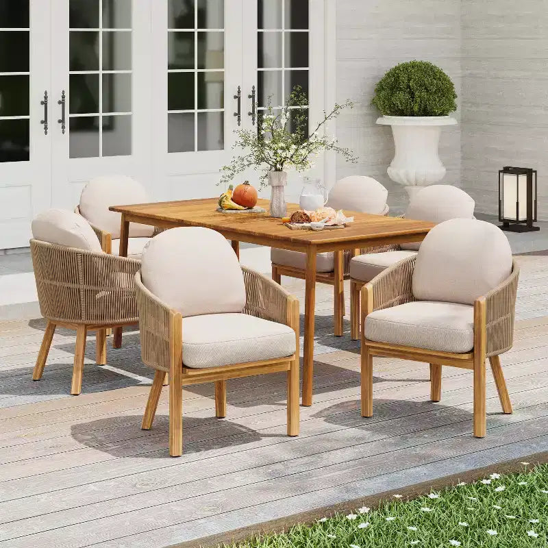 Christopher Knight Home Charles 7 Piece Outdoor Acacia Wood and Rope Dining Set with Cushion