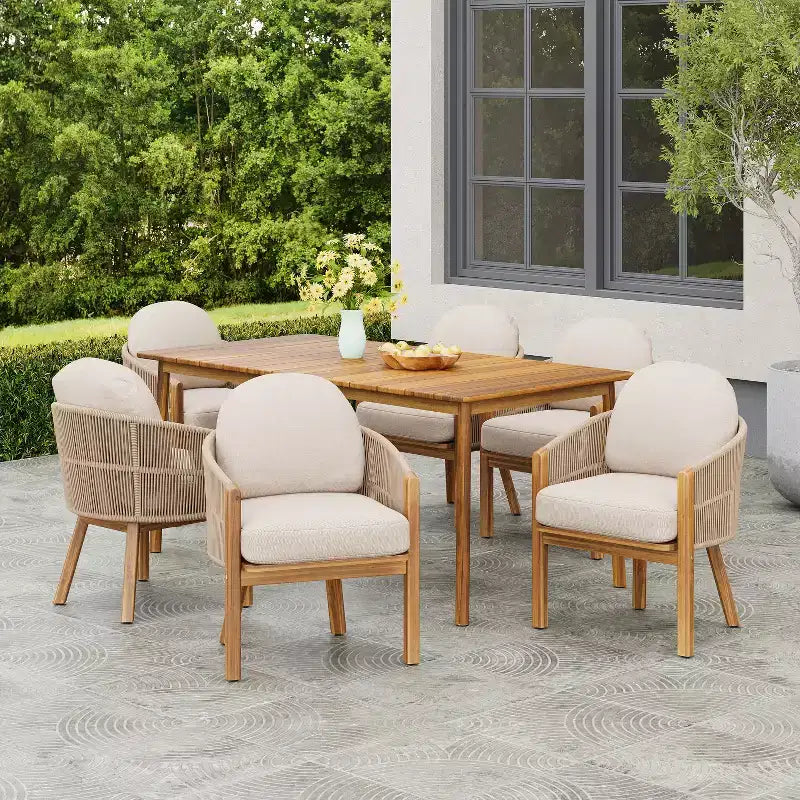 Christopher Knight Home Charles Set da Pranzo da Esterno a 7 Pezzi in Legno di Acacia e Corda con Cuscini