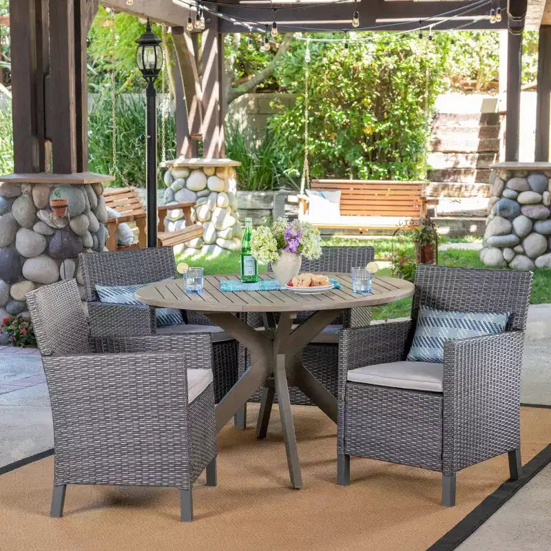 Christopher Knight Home Wes Outdoor Acacia Wood and Wicker 5 Piece Dining Set with Cushion