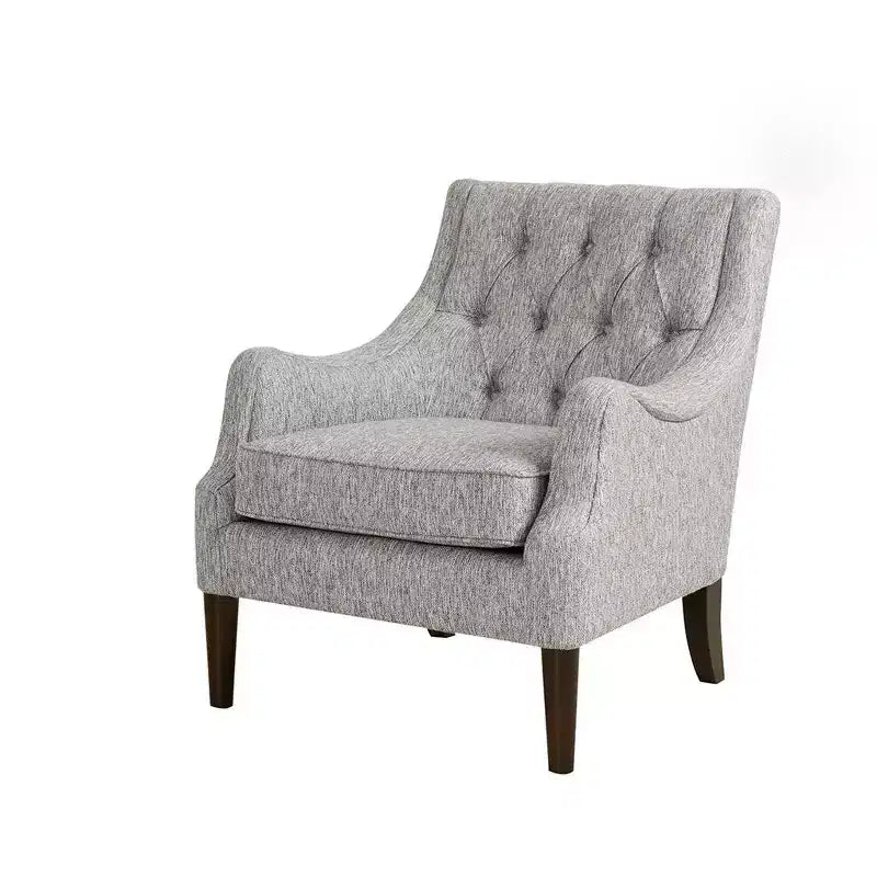 Poltrona d'accento contemporanea con bottoni trapuntati, sedia da salotto con cuscino imbottito, comoda poltrona con gambe in legno