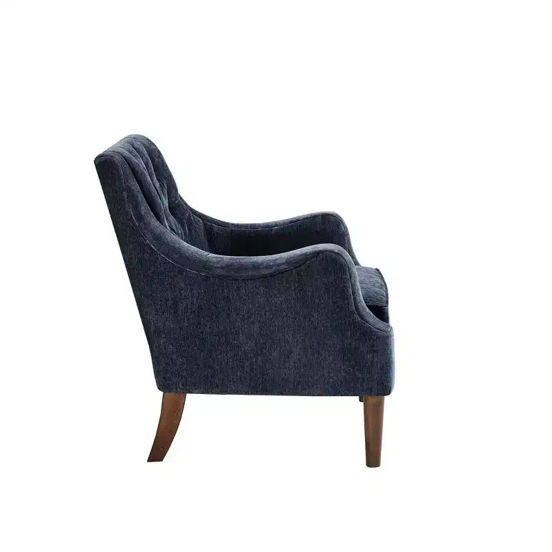 Poltrona d'accento contemporanea con bottoni trapuntati, sedia da salotto con cuscino imbottito, comoda poltrona con gambe in legno