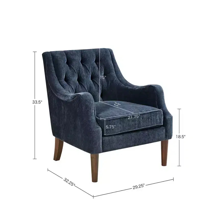 Poltrona d'accento contemporanea con bottoni trapuntati, sedia da salotto con cuscino imbottito, comoda poltrona con gambe in legno