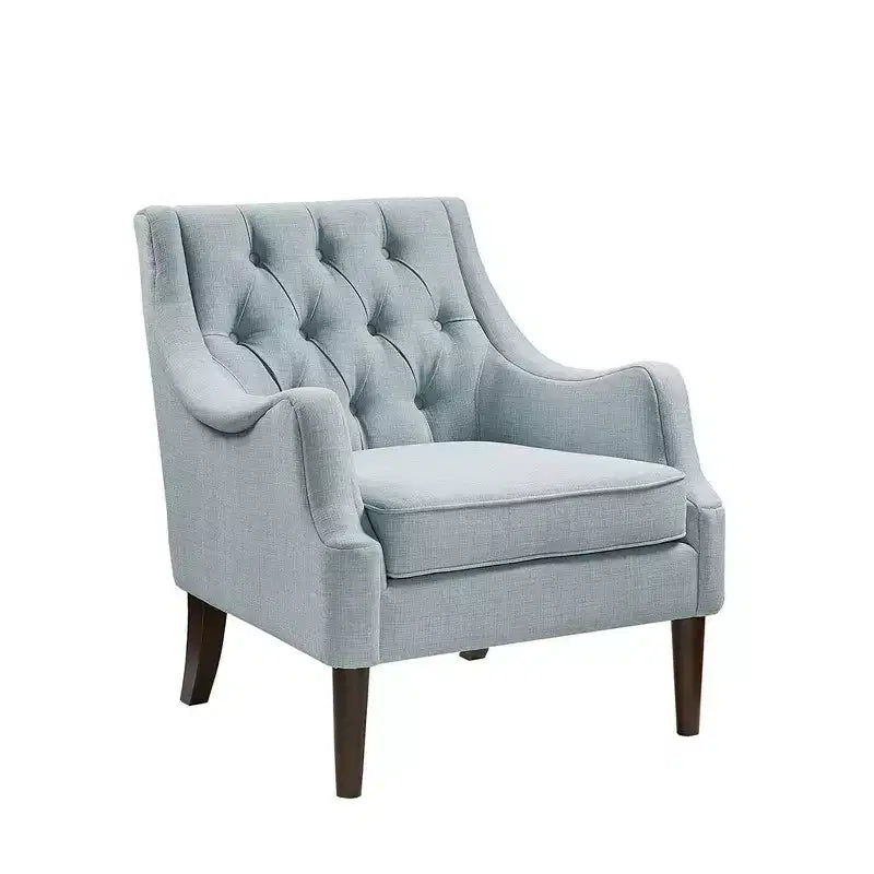 Poltrona d'accento contemporanea con bottoni trapuntati, sedia da salotto con cuscino imbottito, comoda poltrona con gambe in legno