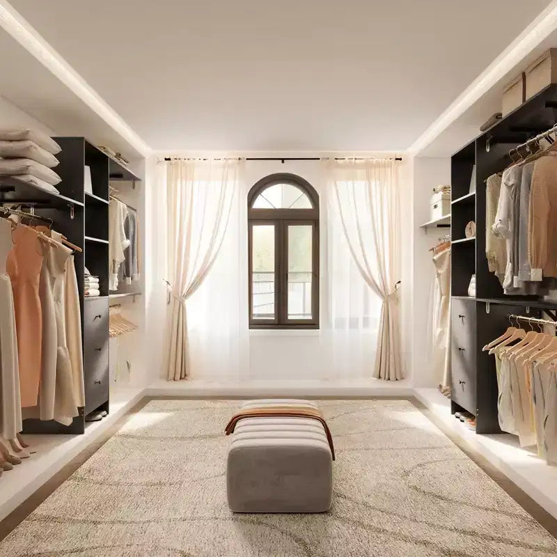 Armadio a giorno nero ad alta capacità 96x16x75 - 3 cassetti, ripiani, aste espandibili, elegante e resistente