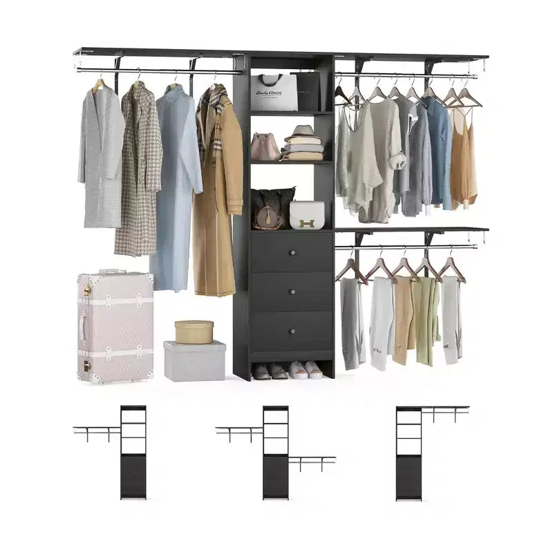 Armadio a giorno nero ad alta capacità 96x16x75 - 3 cassetti, ripiani, aste espandibili, elegante e resistente