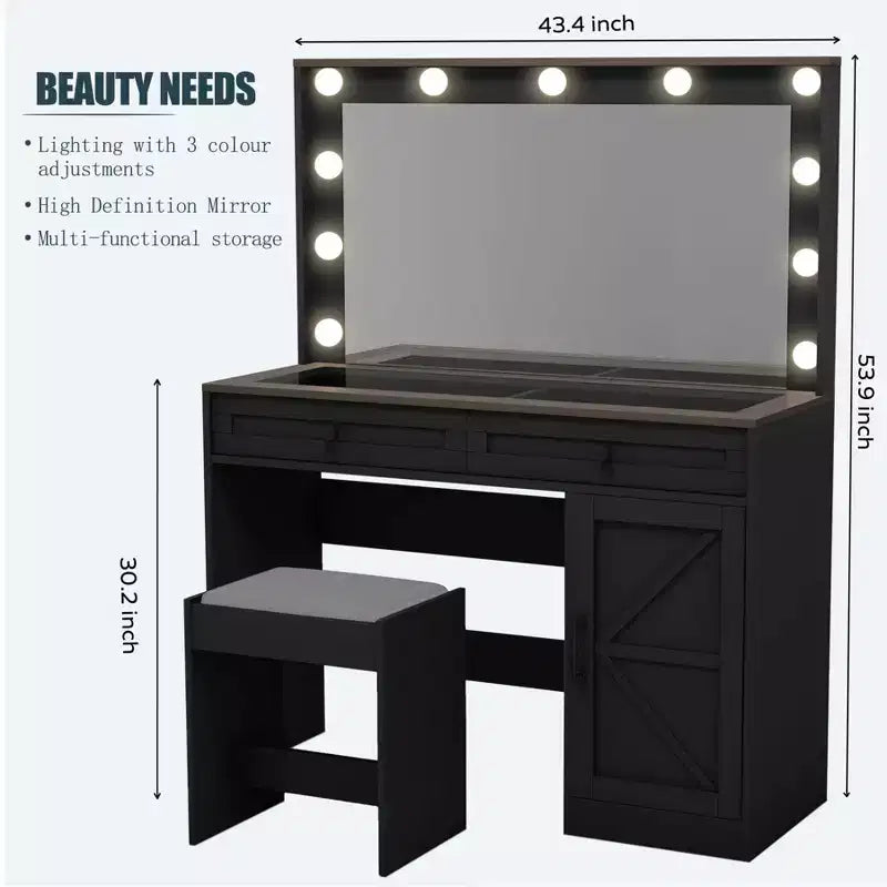 Tavolo da trucco da 47 pollici con cassetti e luci, tavolo da trucco con specchio grande e 11 luci LED e 3 cassetti, nero