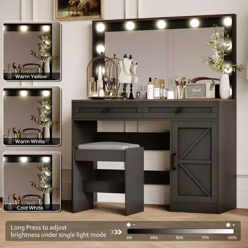 Tavolo da trucco da 47 pollici con cassetti e luci, tavolo da trucco con specchio grande e 11 luci LED e 3 cassetti, nero