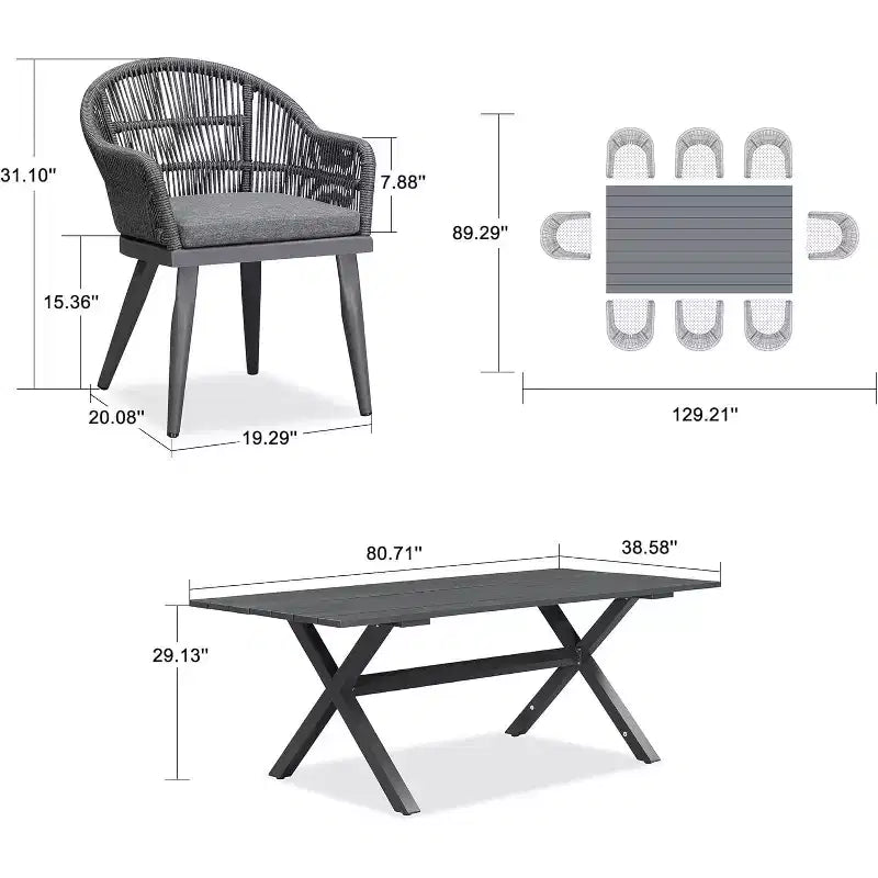 Set da pranzo da esterni PURPLE LEAF con tavolo in alluminio e sedie in rattan intrecciato, set di mobili moderni per giardino, cortile e interni