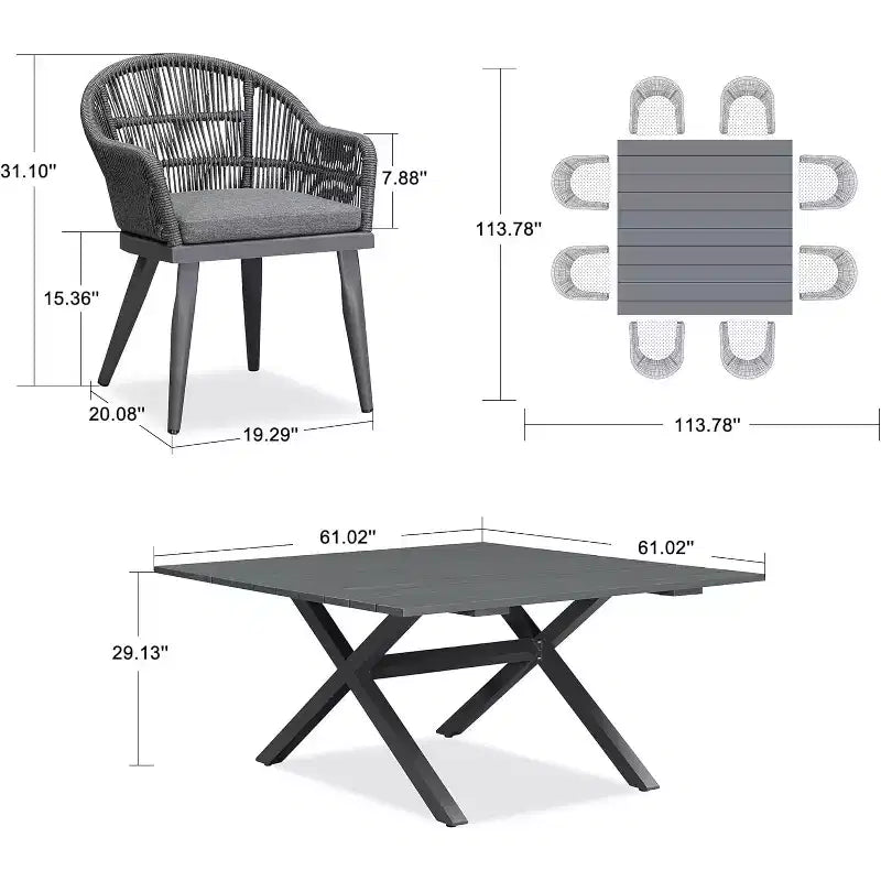Set da pranzo da esterni PURPLE LEAF con tavolo in alluminio e sedie in rattan intrecciato, set di mobili moderni per giardino, cortile e interni