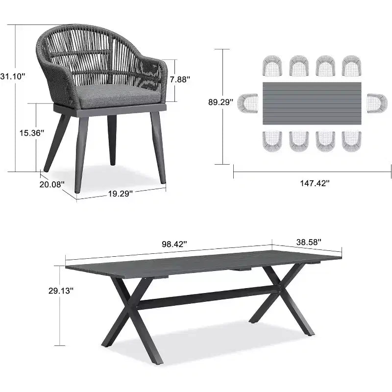 Set da pranzo da esterni PURPLE LEAF con tavolo in alluminio e sedie in rattan intrecciato, set di mobili moderni per giardino, cortile e interni