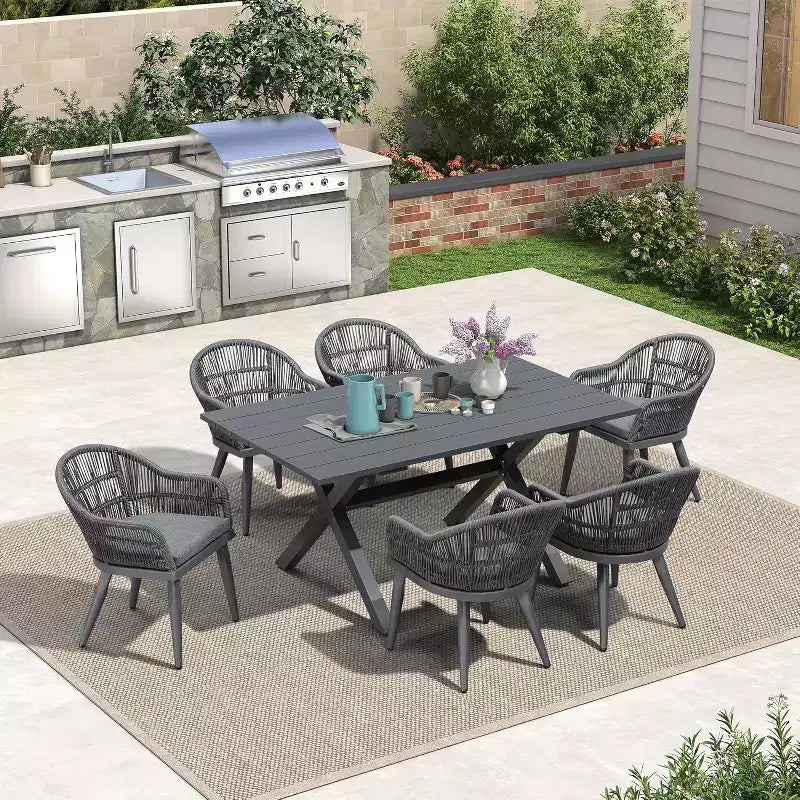 PURPLE LEAF Ensemble de salle à manger de patio avec table de salle à manger extérieure en aluminium et chaises en rotin tressé Ensemble de meubles modernes pour jardin, cour, décoration intérieure