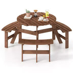 Table de pique-nique ronde Costway 6 places avec 3 bancs intégrés, 2 trous pour parasol, Marron/Jaune