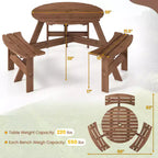 Table de pique-nique ronde Costway 6 places avec 3 bancs intégrés, 2 trous pour parasol, Marron/Jaune